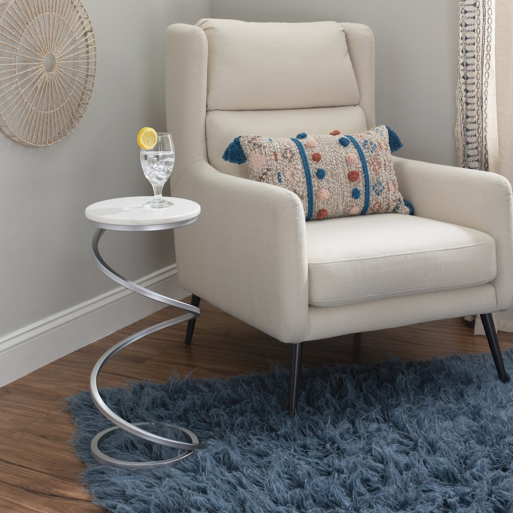Start2Finish Rian Spiral Drink Table in silver and white marble with a sleek, modern design for stylish furniture.