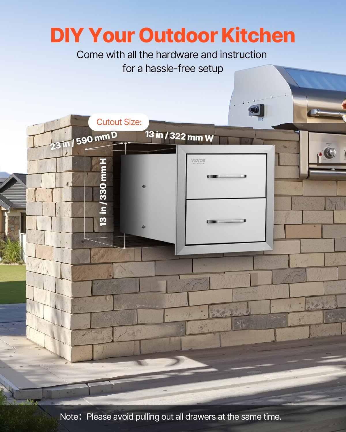 Start2Finish VEVOR outdoor kitchen stainless steel double BBQ drawers with handles, flush mount, 14W x 14.4H x 23D inches