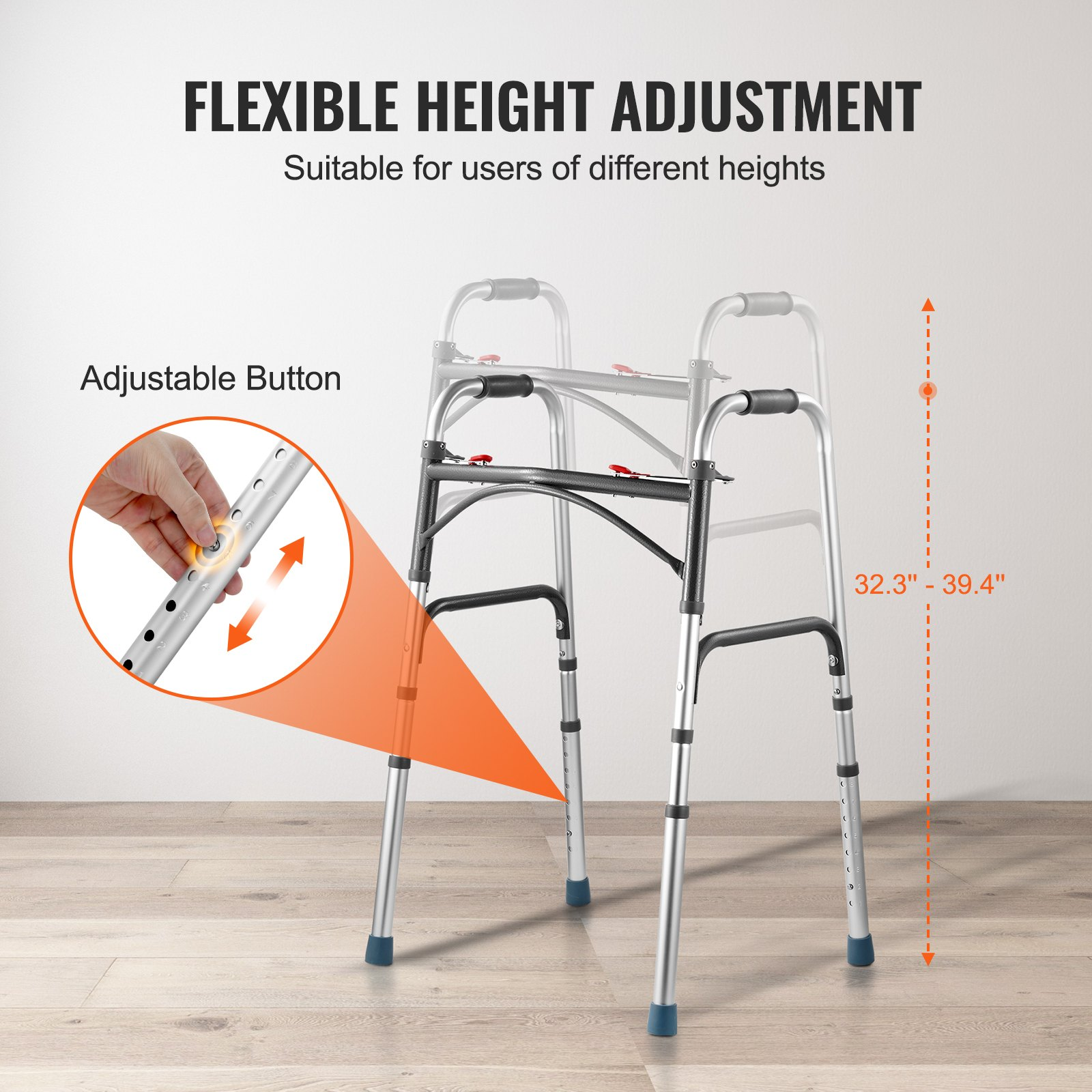 Start2Finish VEVOR folding walker with adjustable height, lightweight aluminum frame, durable handles, suitable for elderly and disabled users.