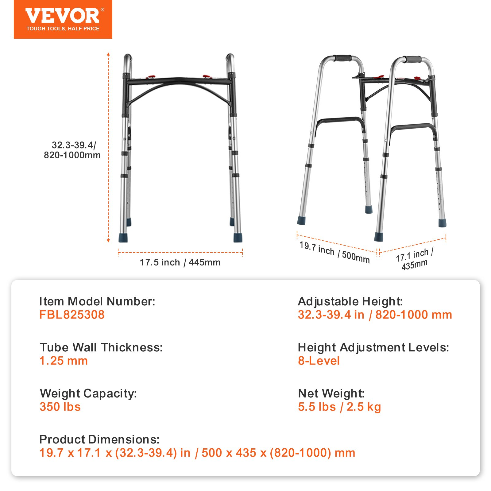 Start2Finish VEVOR folding walker with adjustable height, lightweight aluminum frame, durable handles, and 2-button fold for elderly use
