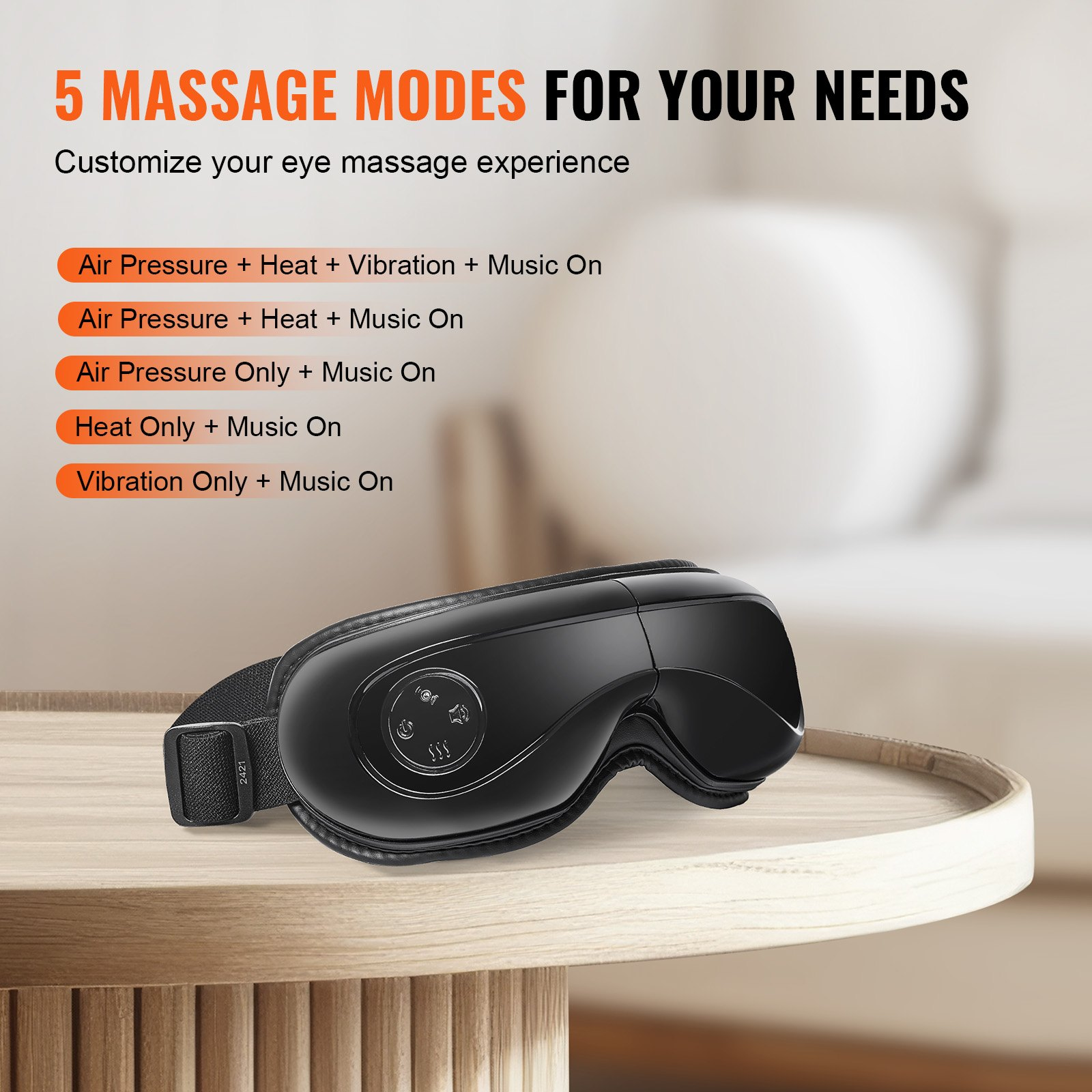 Start2Finish VEVOR eye massager with heat, remote, Bluetooth music, 5 modes, foldable design for eye strain and dark circles.