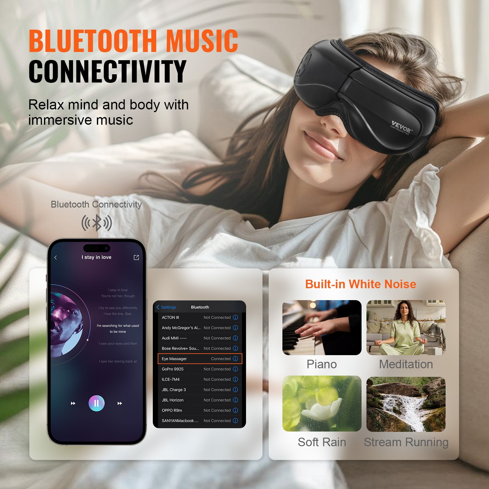 Start2Finish VEVOR heated eye massager with Bluetooth, foldable eye care mask, 5 modes for eye strain and dark circles, black color.