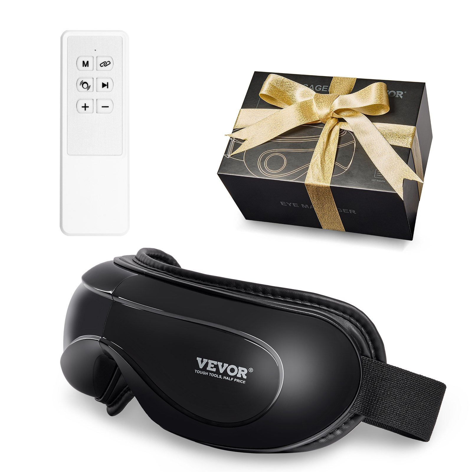 Start2Finish VEVOR heated eye massager with Bluetooth, foldable black eye mask, 5 massage modes, for eye strain and dark circles.