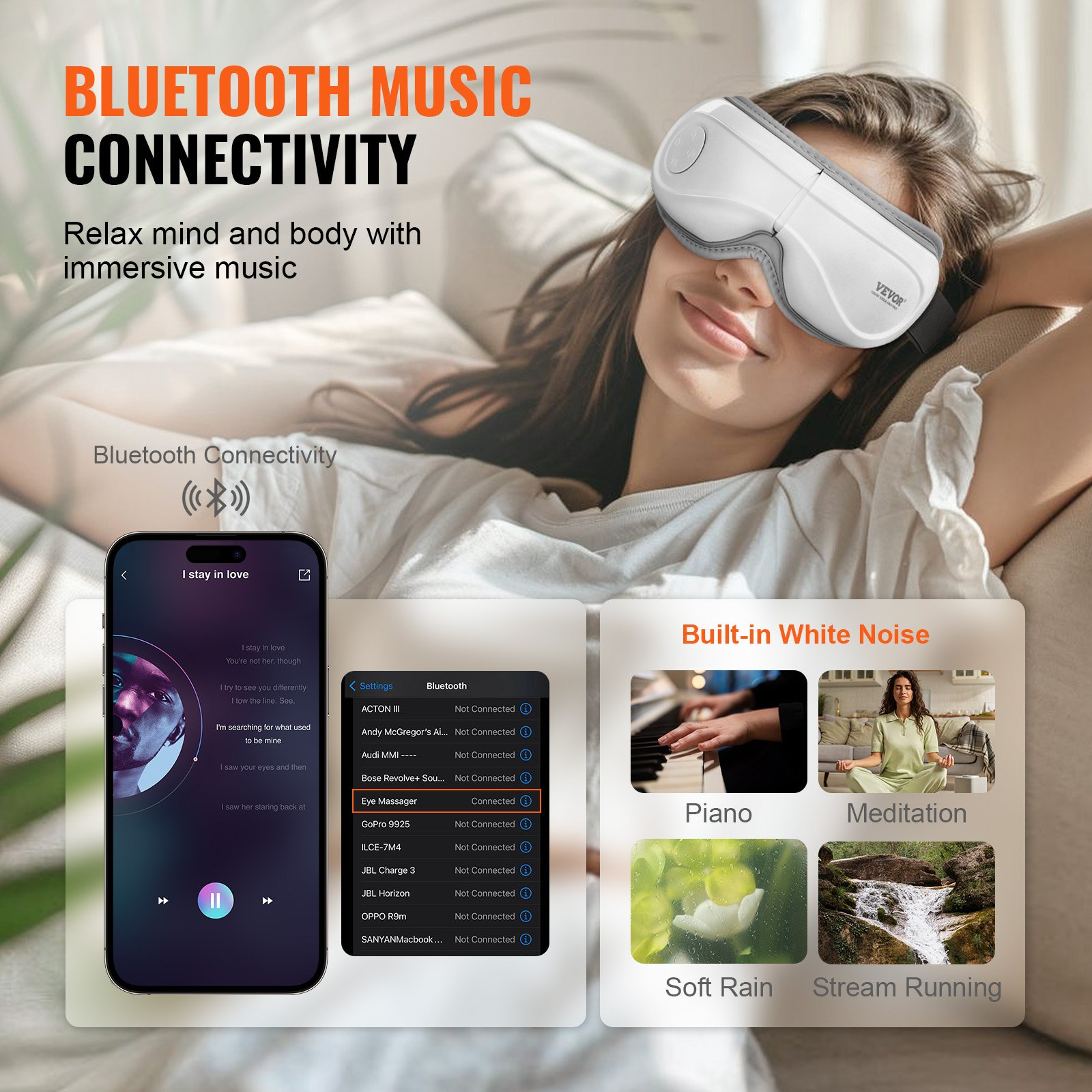 Start2Finish VEVOR Eye Massager with heat, Bluetooth music, 5 modes, foldable design, for eye strain, dry eyes, and dark circles in black.