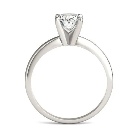 Oval lab-grown diamond solitaire engagement ring in 14K white gold with 1.5 carats total weight.