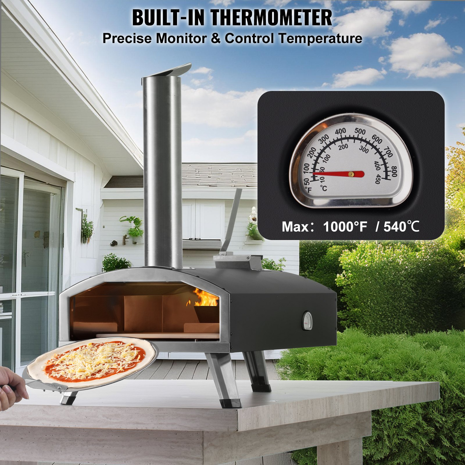 Start2Finish VEVOR 12-inch portable outdoor pizza oven with pizza stone, waterproof cover, shovel, and tri-fuel capabilities for camping and backyard.