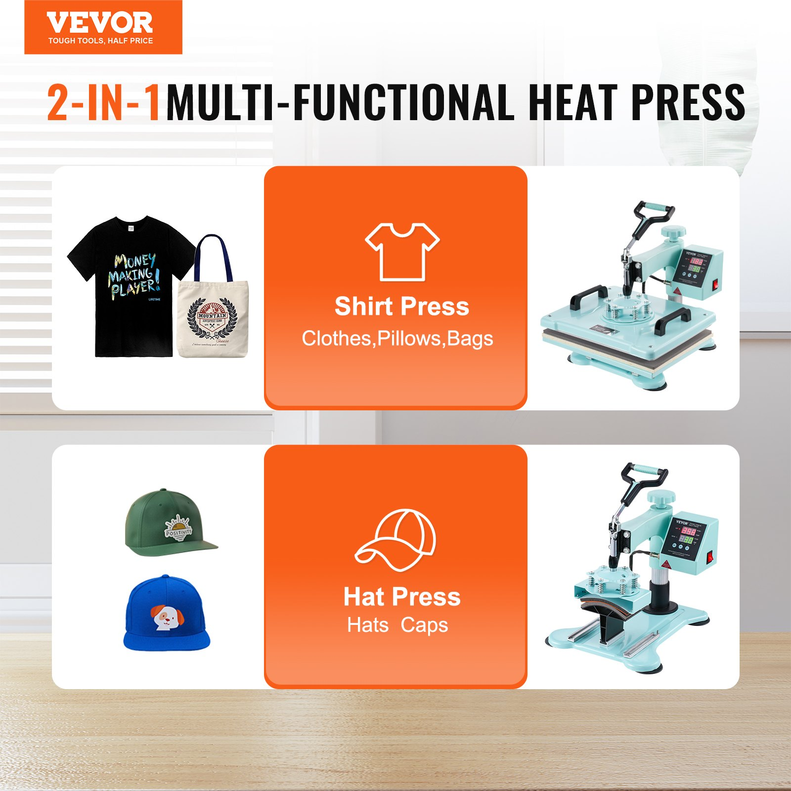 Start2Finish VEVOR 12x15 inch 2-in-1 heat press machine with hat press, digital control, swing away design, green for T-shirts and hats.