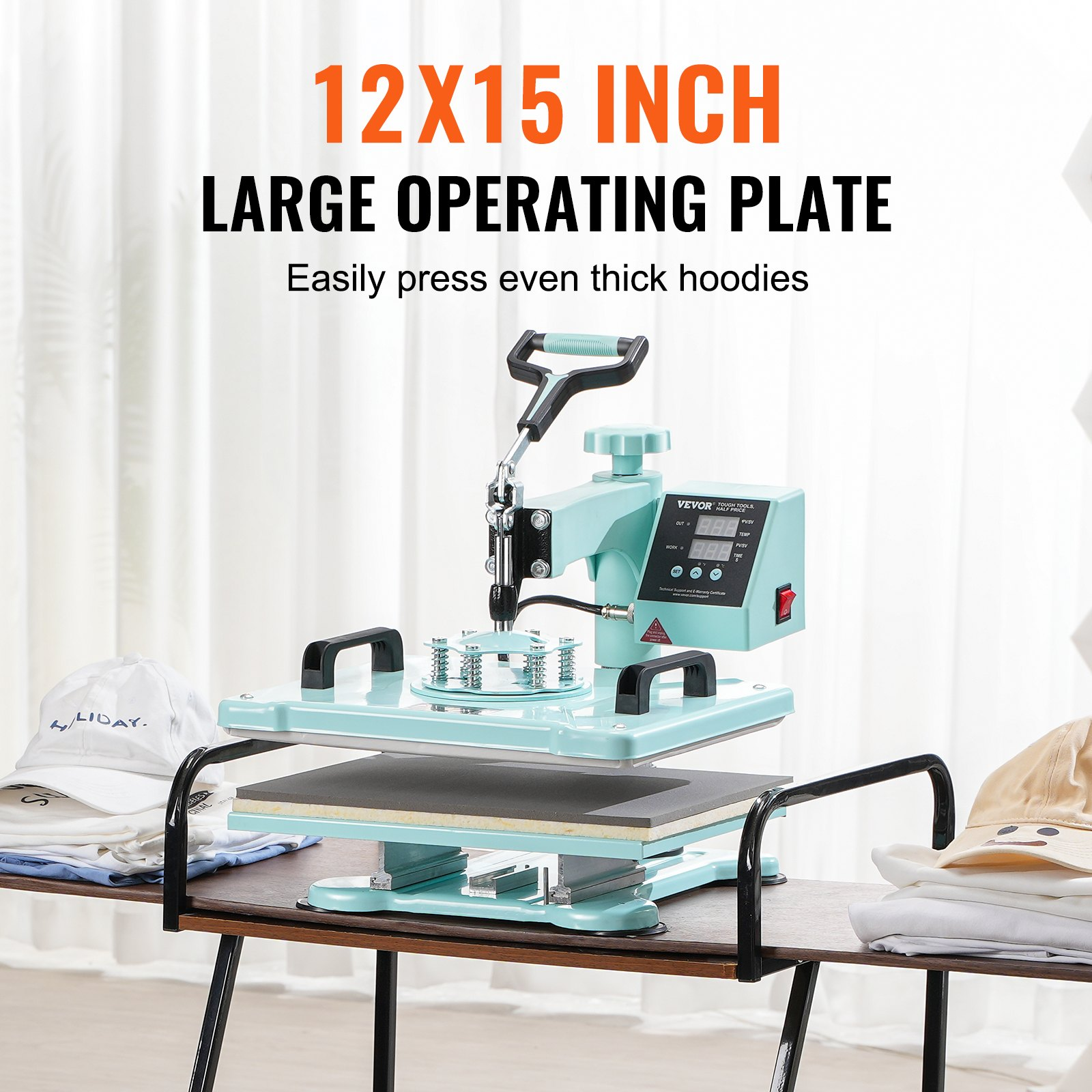 Start2Finish VEVOR 12x15 inch 2-in-1 heat press machine with hat press, digital control, swing away design, green T-shirt and hat press