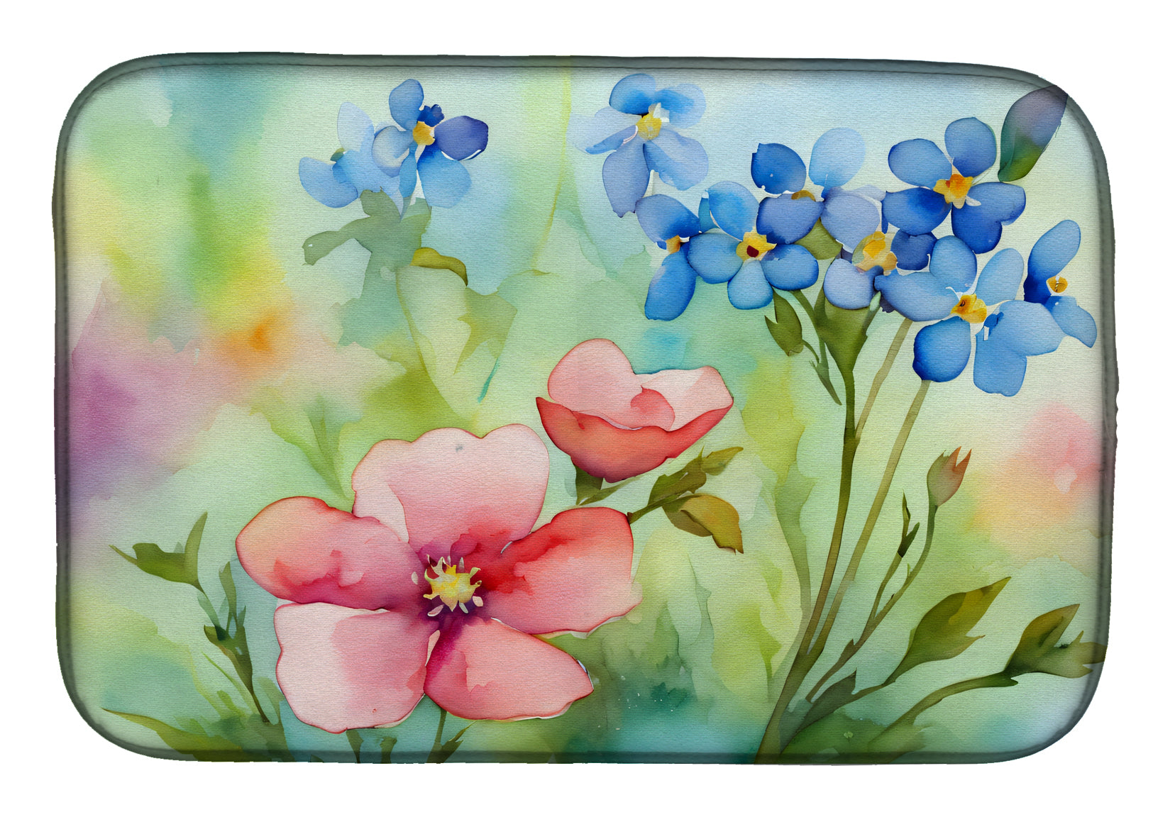 Start2Finish Alaska Forget-me-nots watercolor dish drying mat with floral design for home use, absorbent and decorative kitchen accessory.
