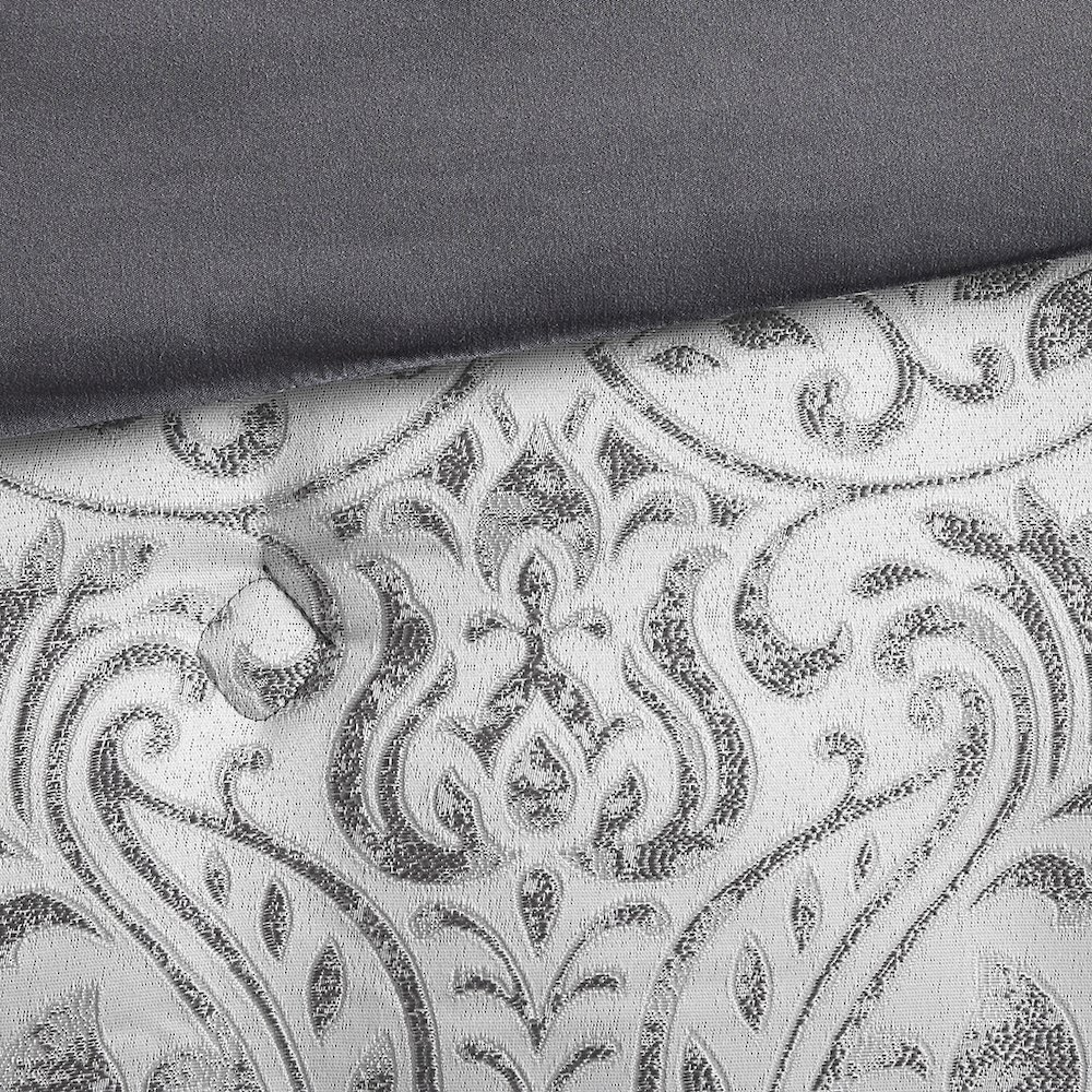 12-piece Jacquard comforter set with matching bed sheets, featuring intricate woven patterns in elegant neutral tones.