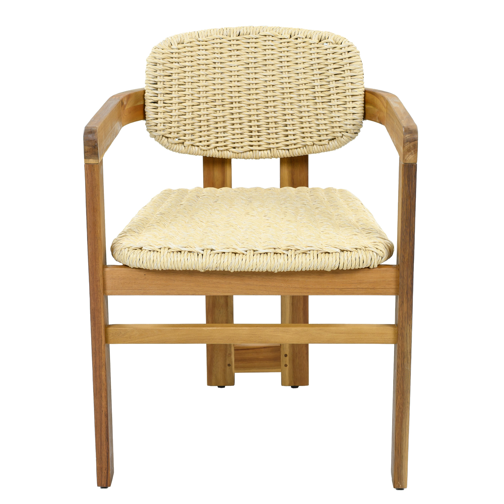 Beige rattan accent chair with wooden legs, ideal for living room or bedroom seating, by Start2Finish.