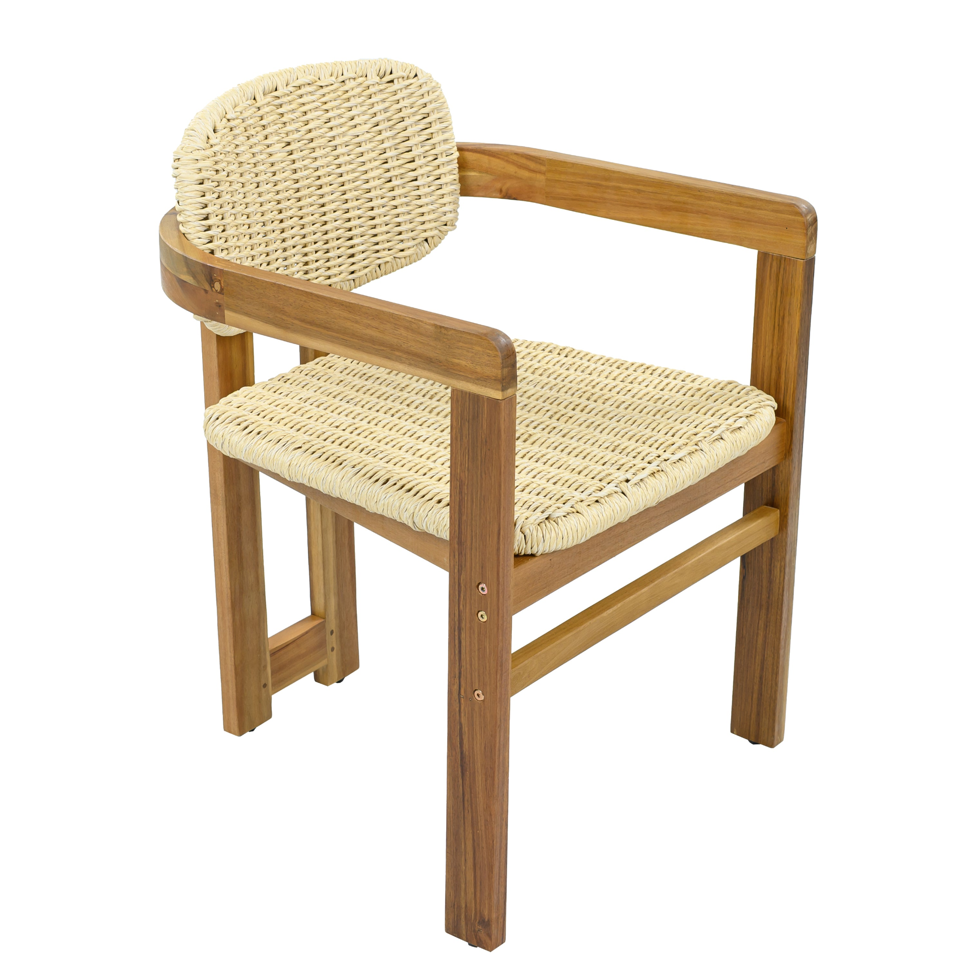 Beige rattan accent chair with wooden legs, ideal for living room or bedroom seating, by Start2Finish.