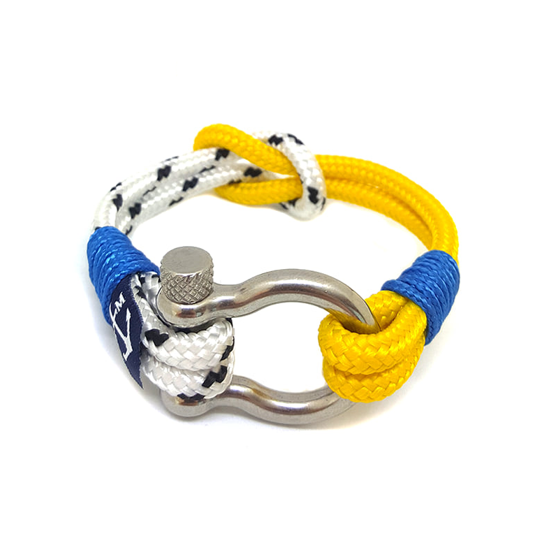 Yellow and white shackle nautical bracelet by Teal Abderus featuring a stylish maritime design and adjustable cord.