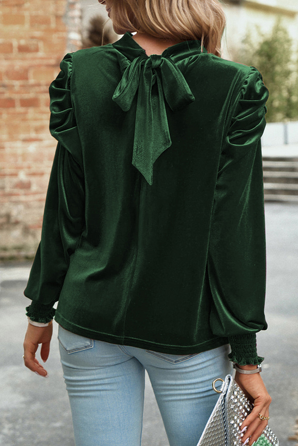 Blackish green velvet mock neck blouse with puff sleeves from Carmine Juneberry, featuring a stylish and elegant design.