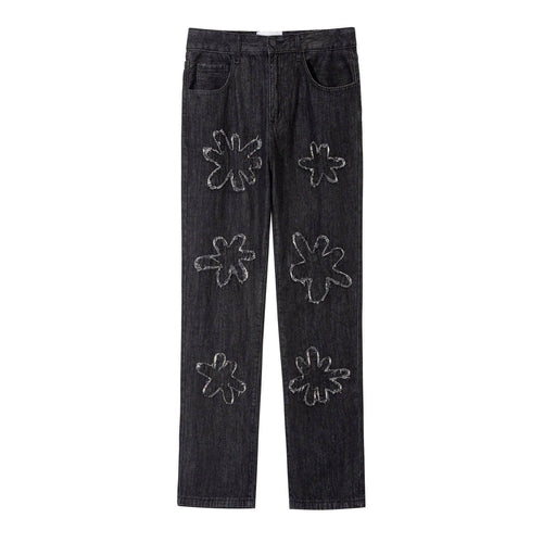 Carmine Juneberry Retro Burnt Flowers niche wash old jeans for men, showing distressed denim with floral burnt pattern and classic fit.