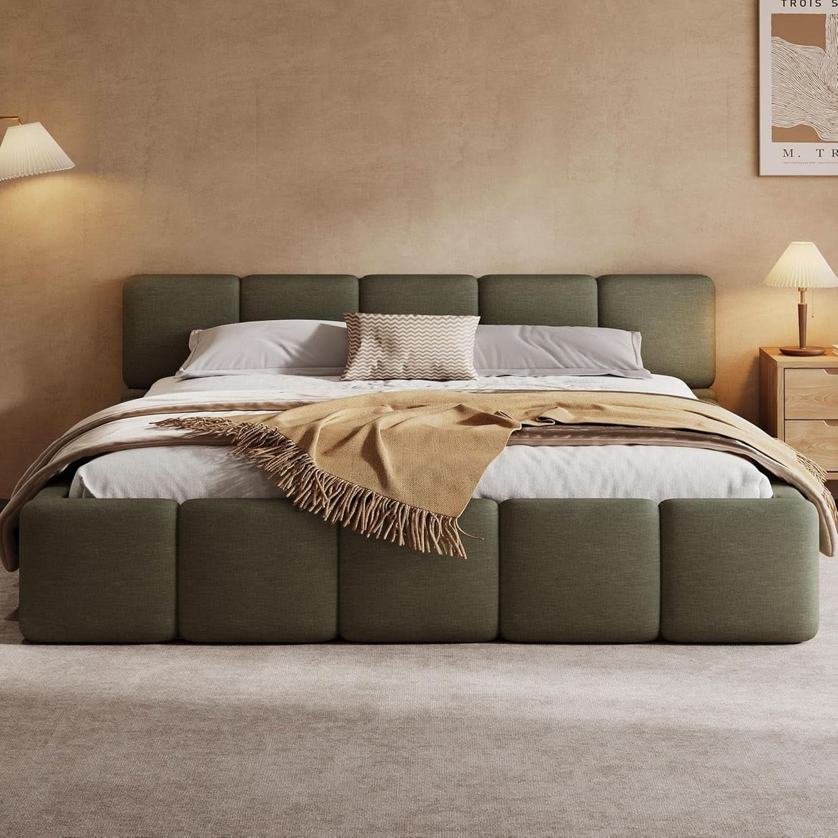 King Size Boucle PlatformBed Emerald Green Upholstered