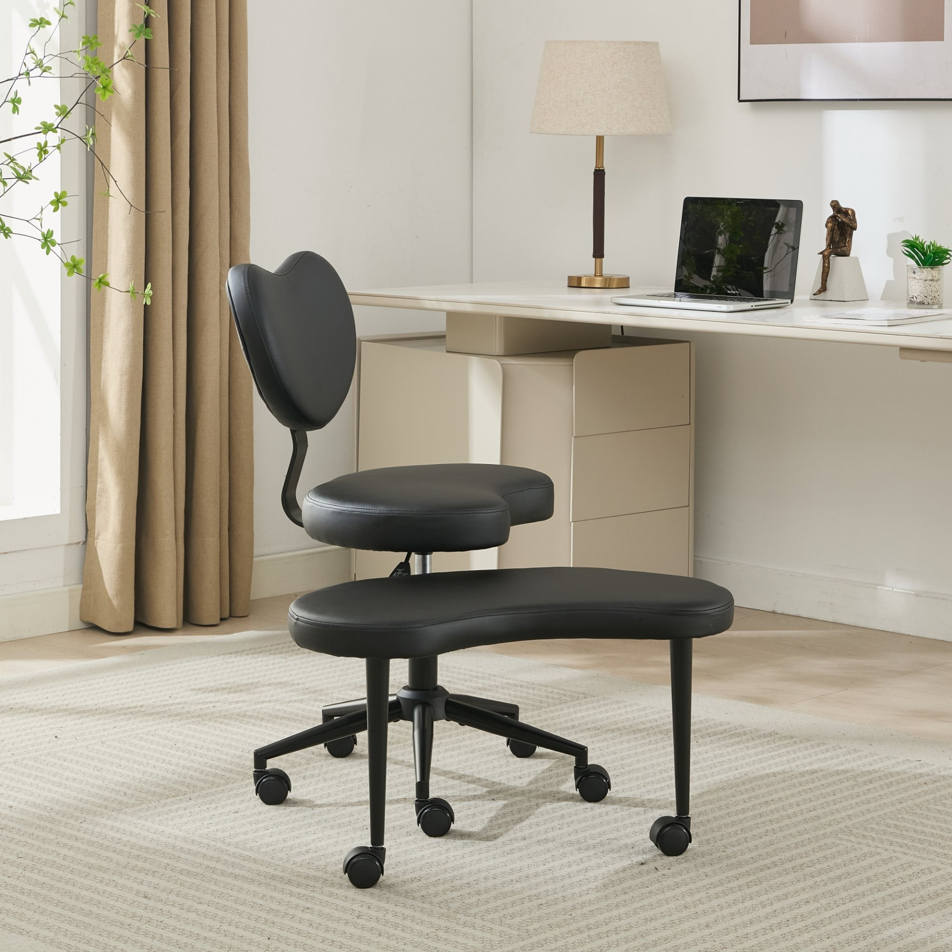 Black PU leather office chair with USB port, swivel base, and ergonomic design for home office or vanity desk.