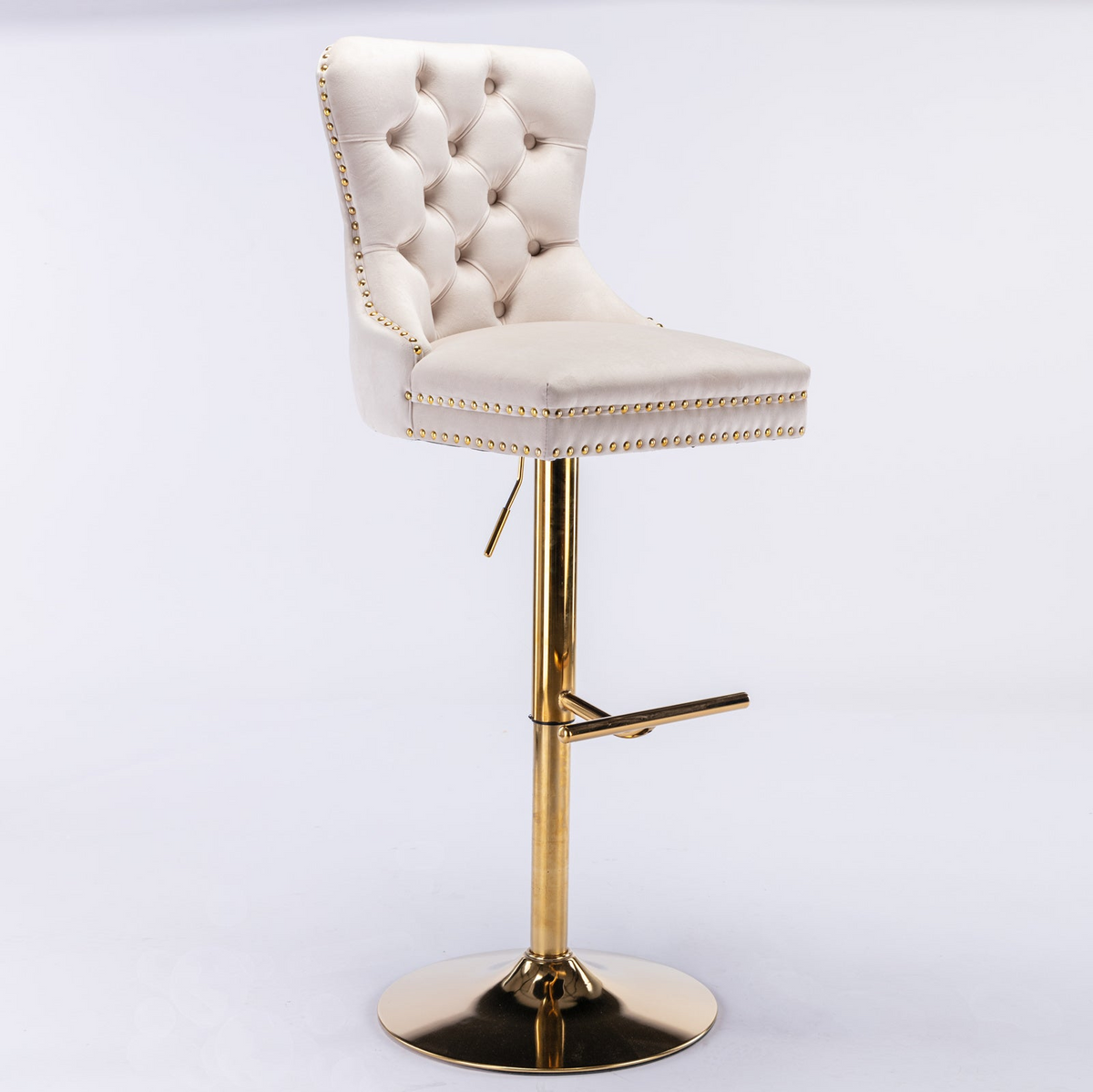 Pair of Start2Finish adjustable velvet bar stools with swivel, modern design, multiple color options for dining or kitchen seating.