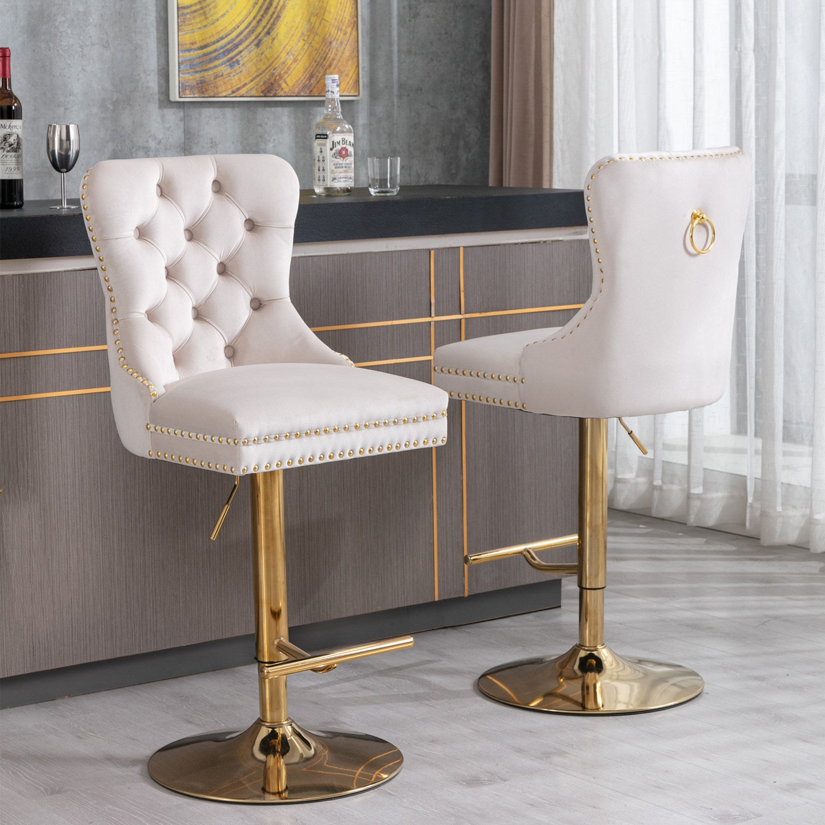 Set of 2 Start2Finish adjustable velvet bar stools with swivel seats in multiple colors, modern design, ideal for dining or kitchen.