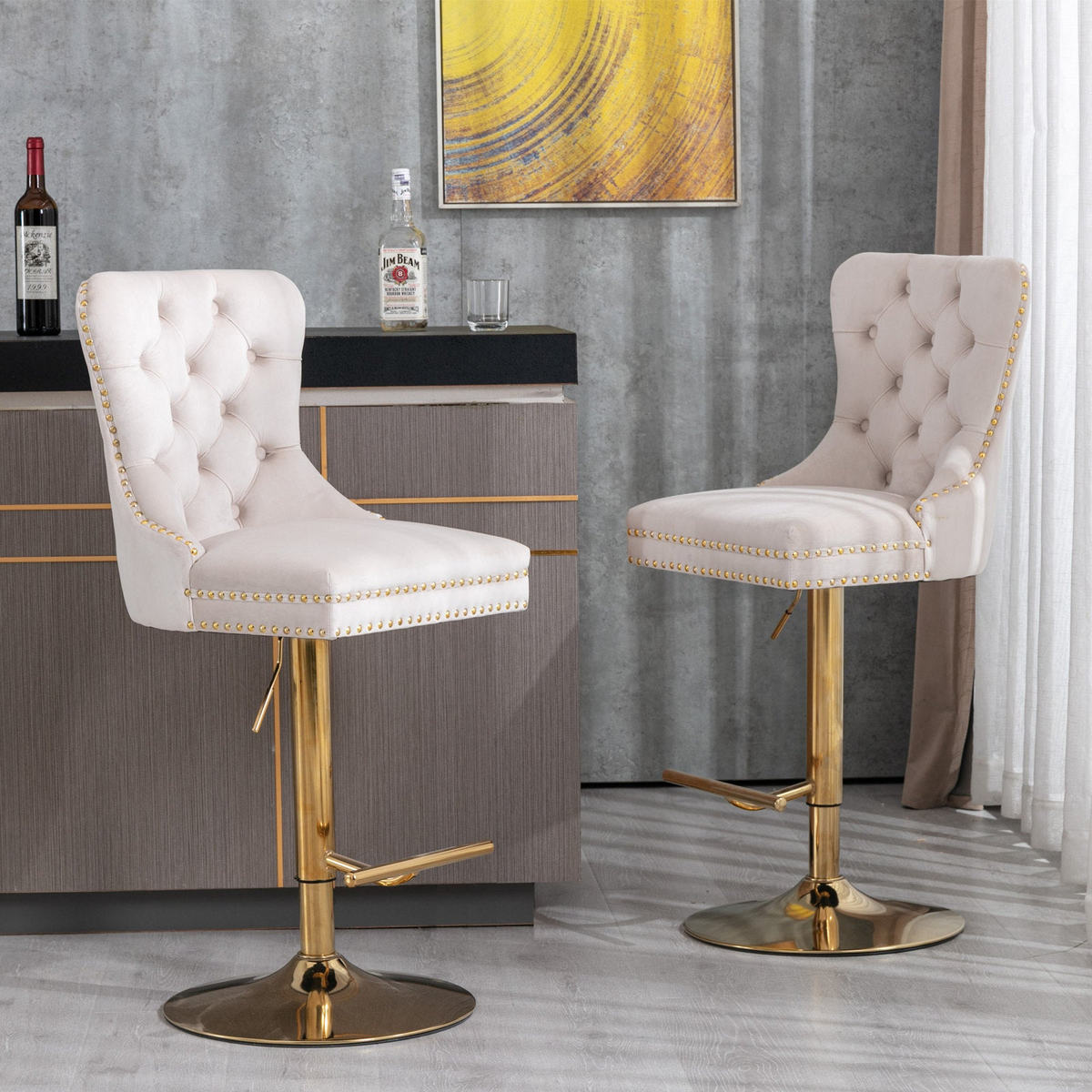 Pair of Start2Finish adjustable velvet bar stools with swivel function in multiple colors, suitable for dining or kitchen seating.