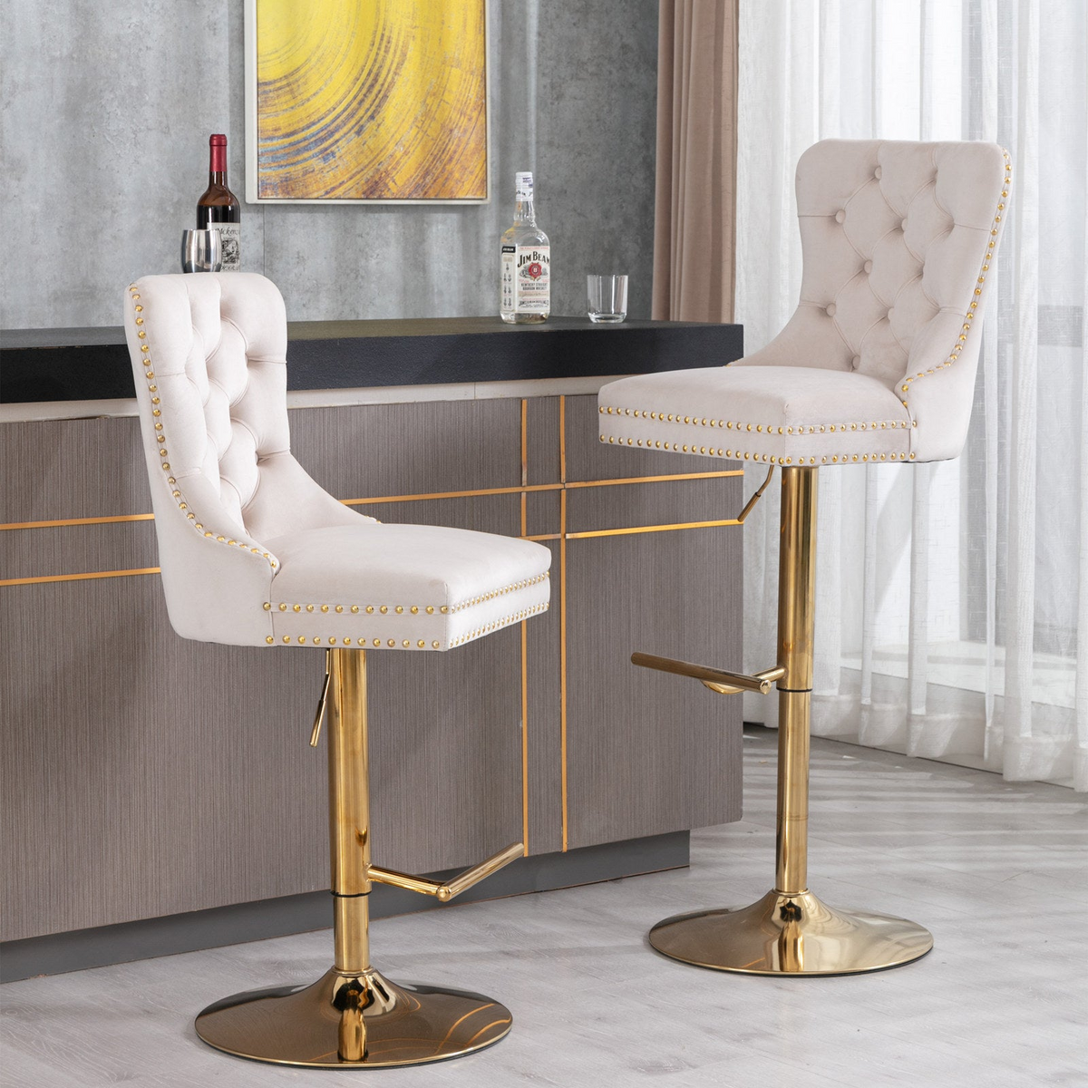 Set of two adjustable velvet bar stools from Start2Finish with swivel seats, multiple color options, ideal for kitchen or dining room.