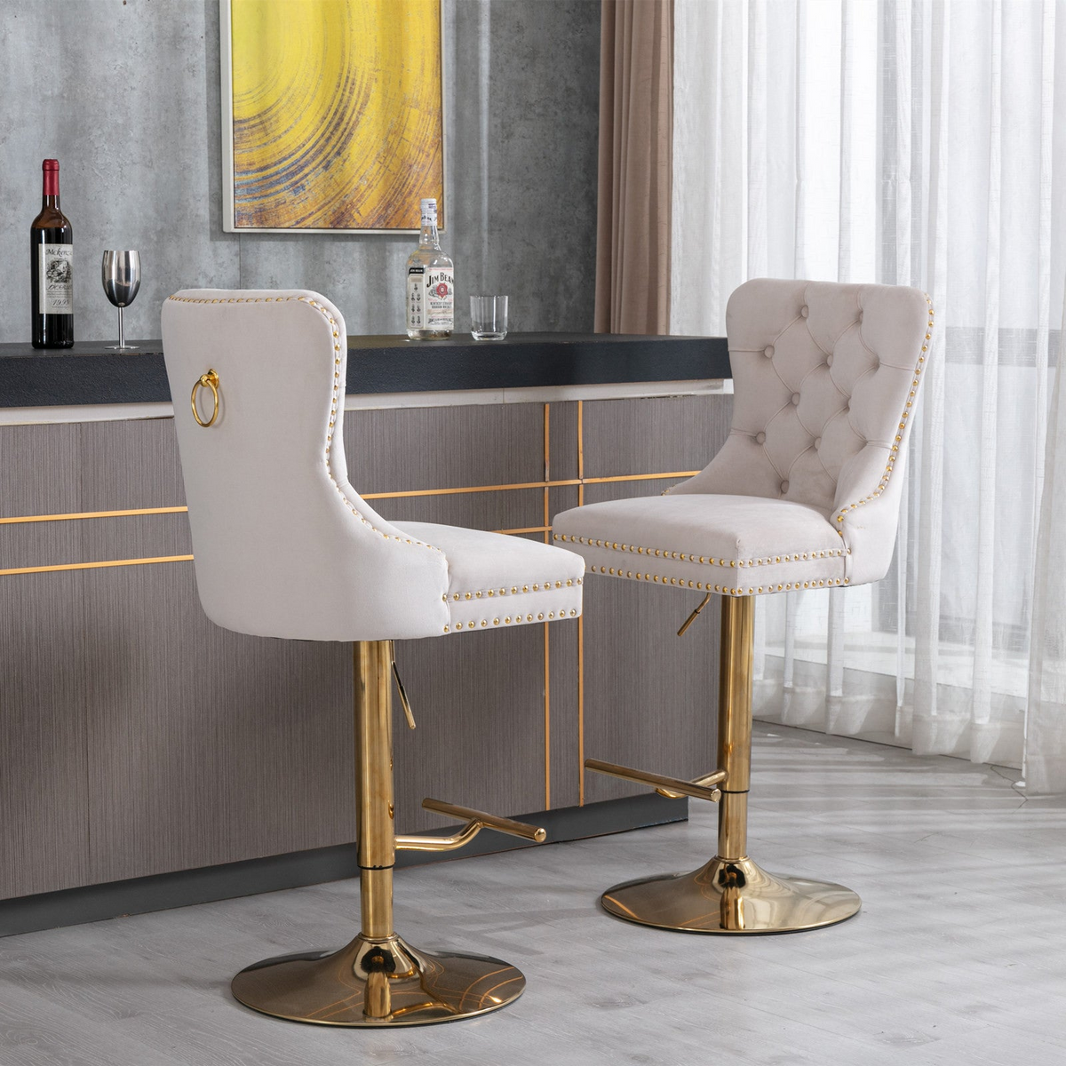 Set of two Start2Finish adjustable velvet bar stools with swivel seats in multiple colors, modern design for dining or kitchen seating.