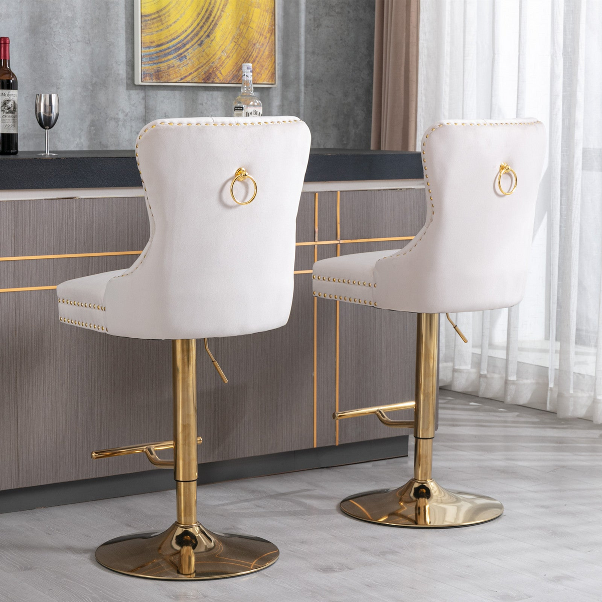 Set of two Start2Finish velvet adjustable bar stools with swivel seats in various colors, modern design for dining or kitchen use.