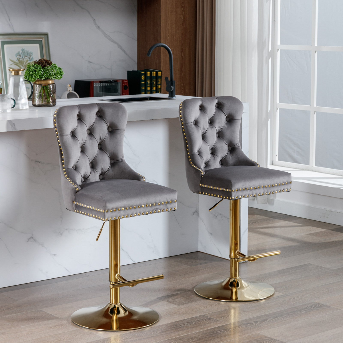 Pair of Start2Finish adjustable velvet bar stools with swivel function in multiple colors, ideal for dining or kitchen seating.