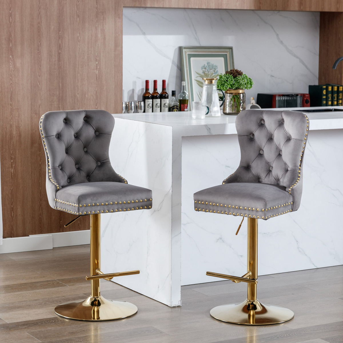 Set of two modern velvet adjustable bar stools with swivel seats in various colors, ideal for dining or kitchen seating.
