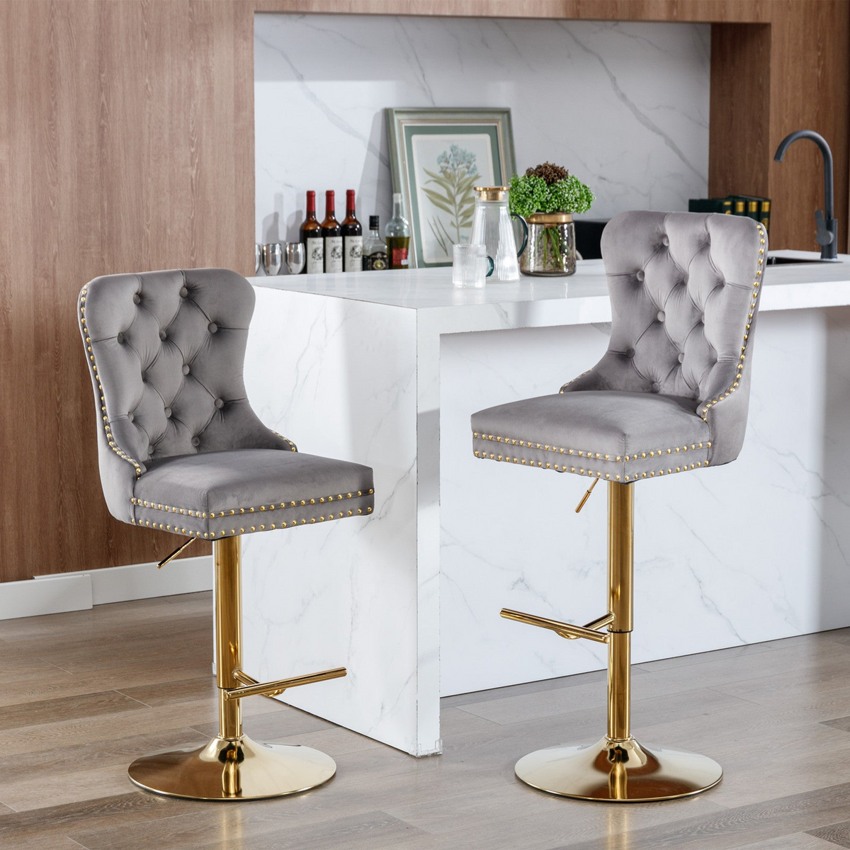 Set of two adjustable velvet bar stools by Start2Finish featuring modern design, swivel seats, and multiple color options for dining or kitchen.