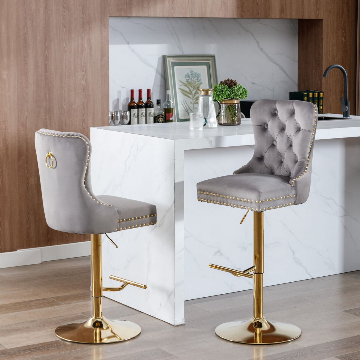 Set of two Start2Finish adjustable velvet bar stools with swivel function in various colors, suitable for kitchen or dining room seating.