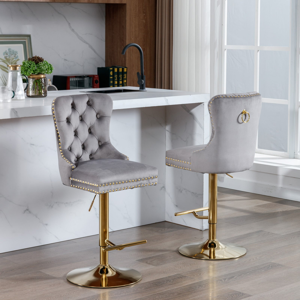 Pair of Start2Finish adjustable velvet bar stools in multiple colors with swivel seats, ideal for kitchen or dining room seating.