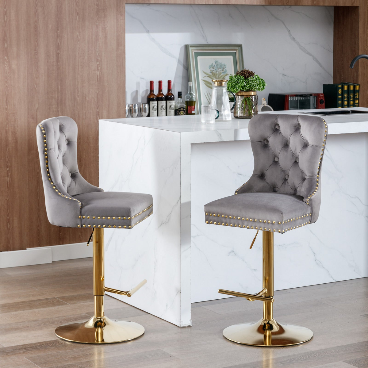 Set of two Start2Finish adjustable velvet bar stools with swivel function, colorful modern design for kitchen or dining room seating.