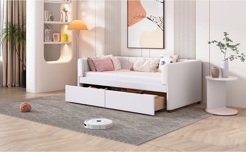 Twin beige and gray velvet upholstered daybed with drawers and headboard, ideal for bedroom or guest room, by Start2Finish.