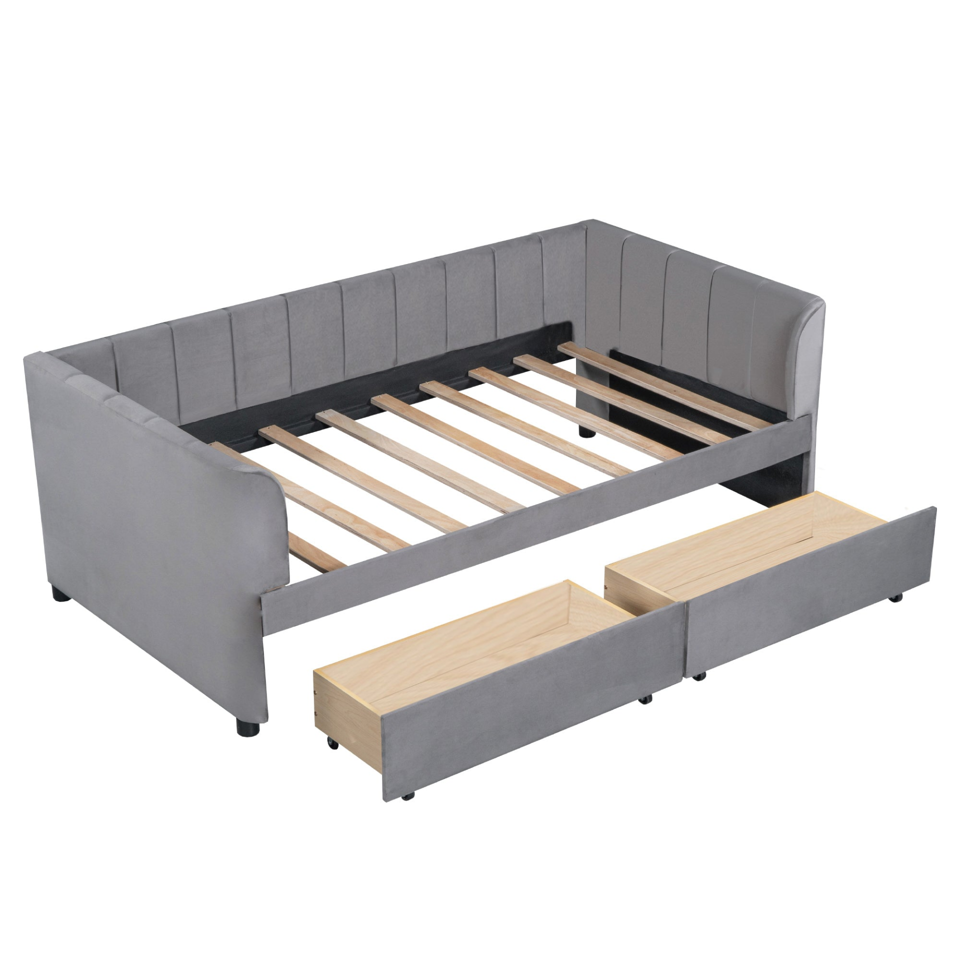 Start2Finish twin beige and gray velvet upholstered daybed with drawers and headboard, ideal for bedroom or guest room furniture.