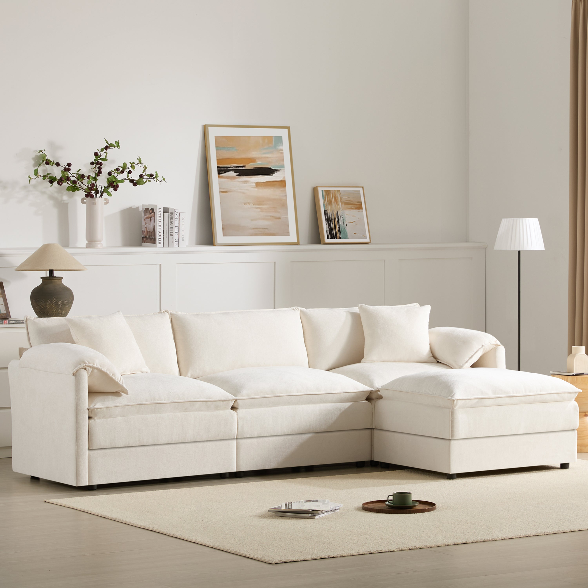 Cream and dark gray chenille sectional sofa with ottoman and modular design, ideal for living rooms and lounge spaces.