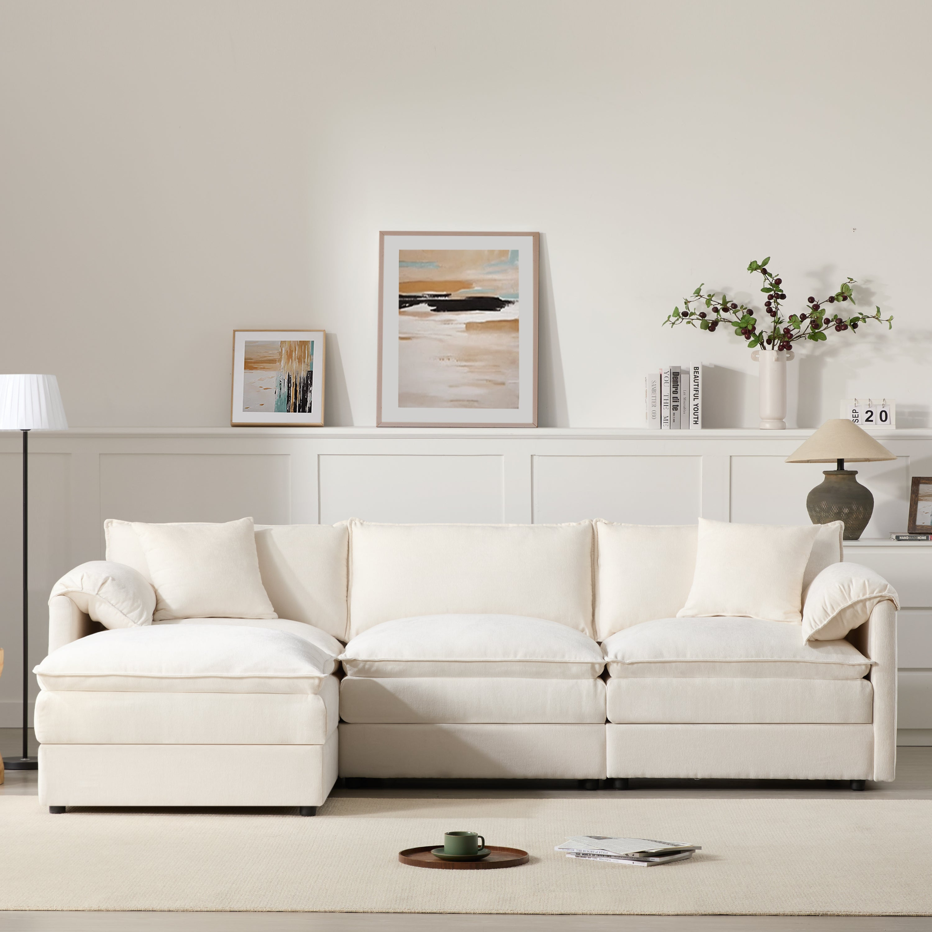 Cream and dark gray chenille sectional sofa with ottoman, modular design for living room and lounge by Start2Finish.