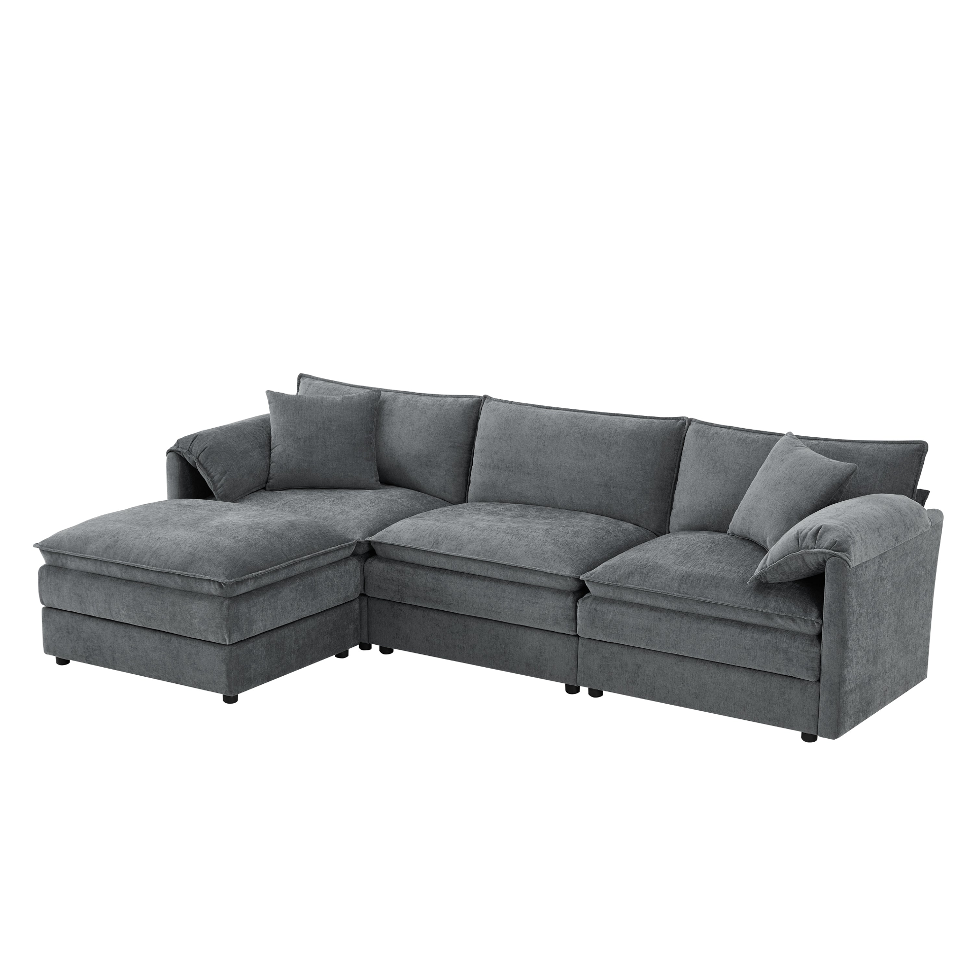 Cream and dark gray chenille sectional sofa with ottoman, modular layout, ideal for living room and lounge spaces by Start2Finish.