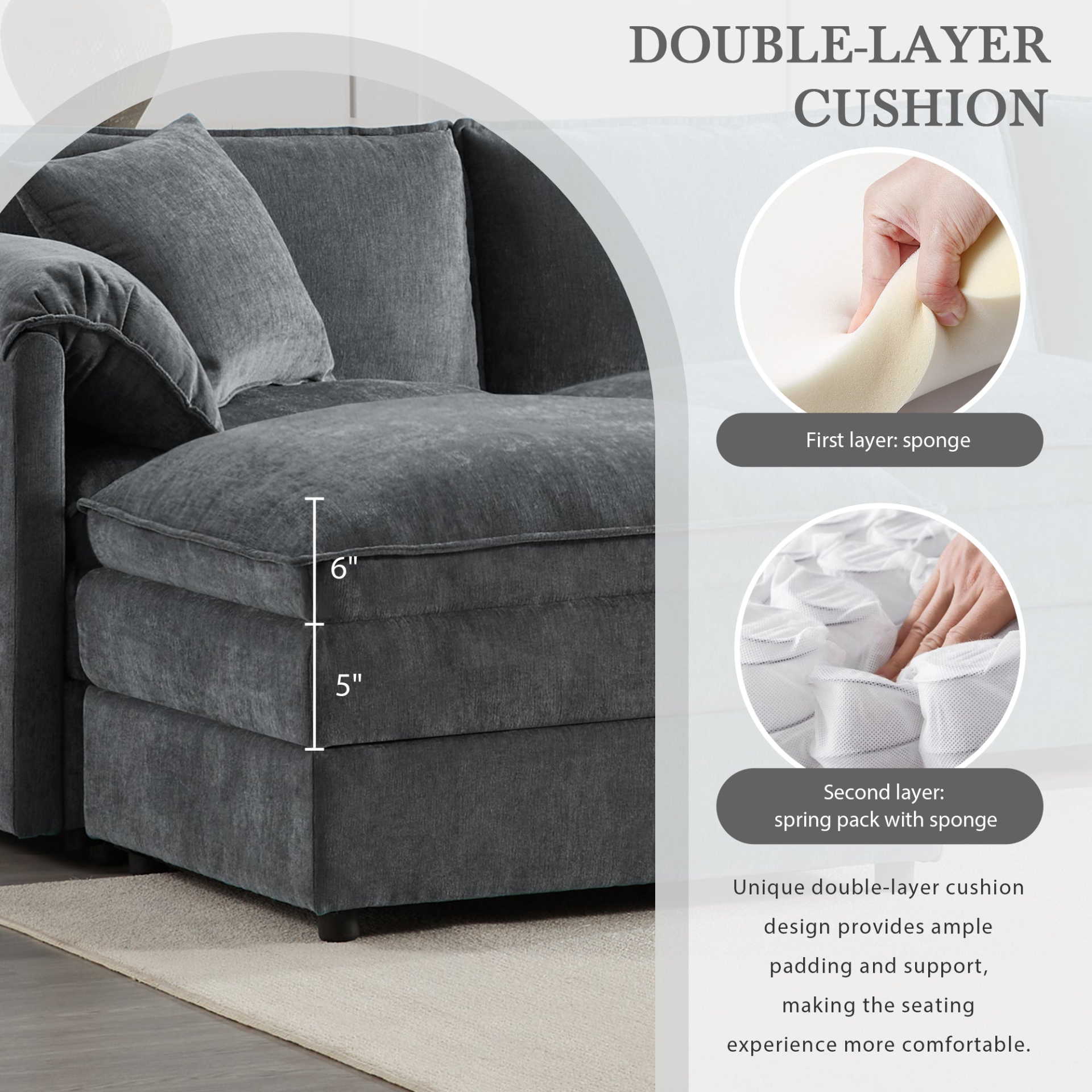 Start2Finish sectional sofa in cream and dark gray chenille with ottoman, modular design for living room or lounge space.