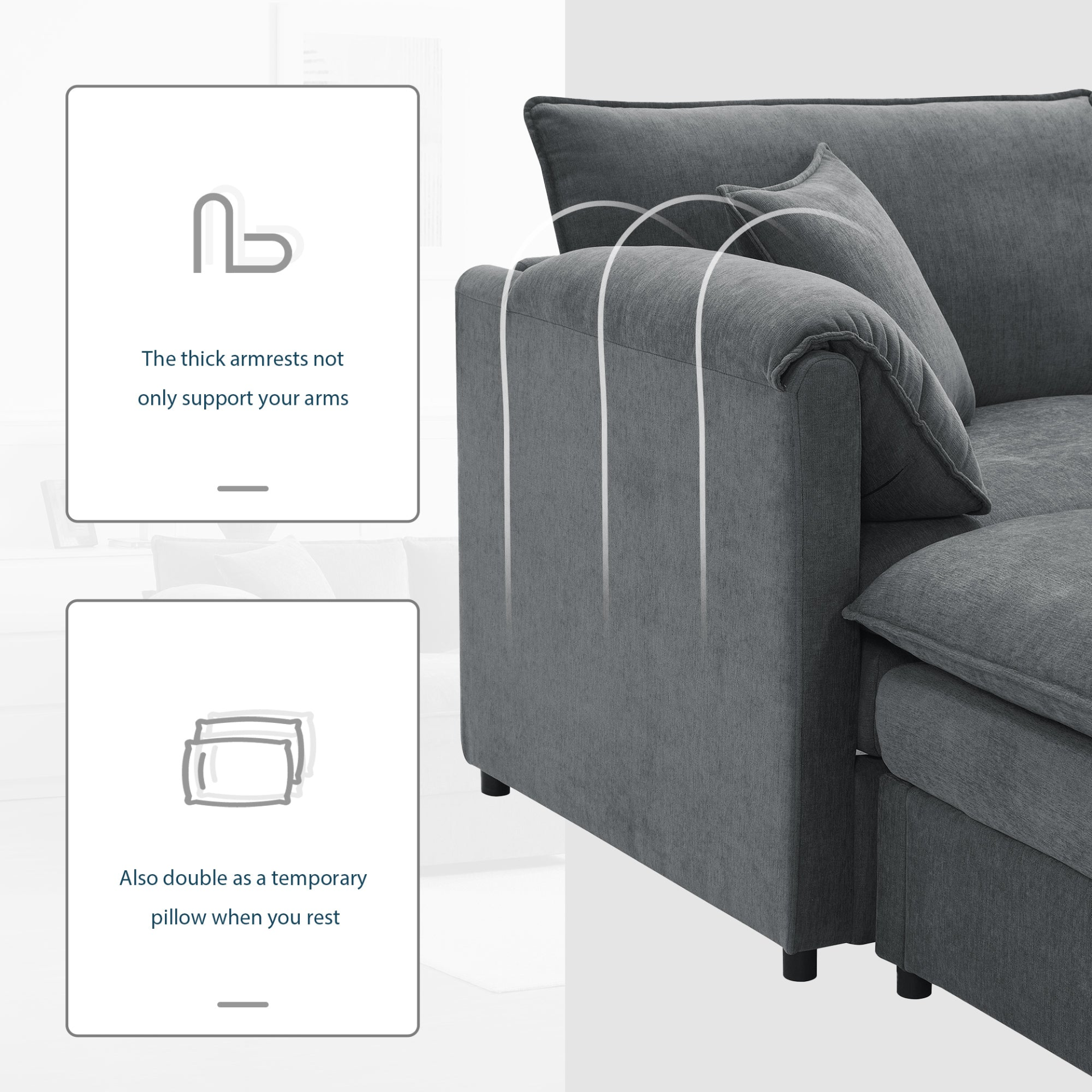 Cream and dark gray chenille sectional sofa with ottoman and modular design, perfect for living room and lounge spaces.