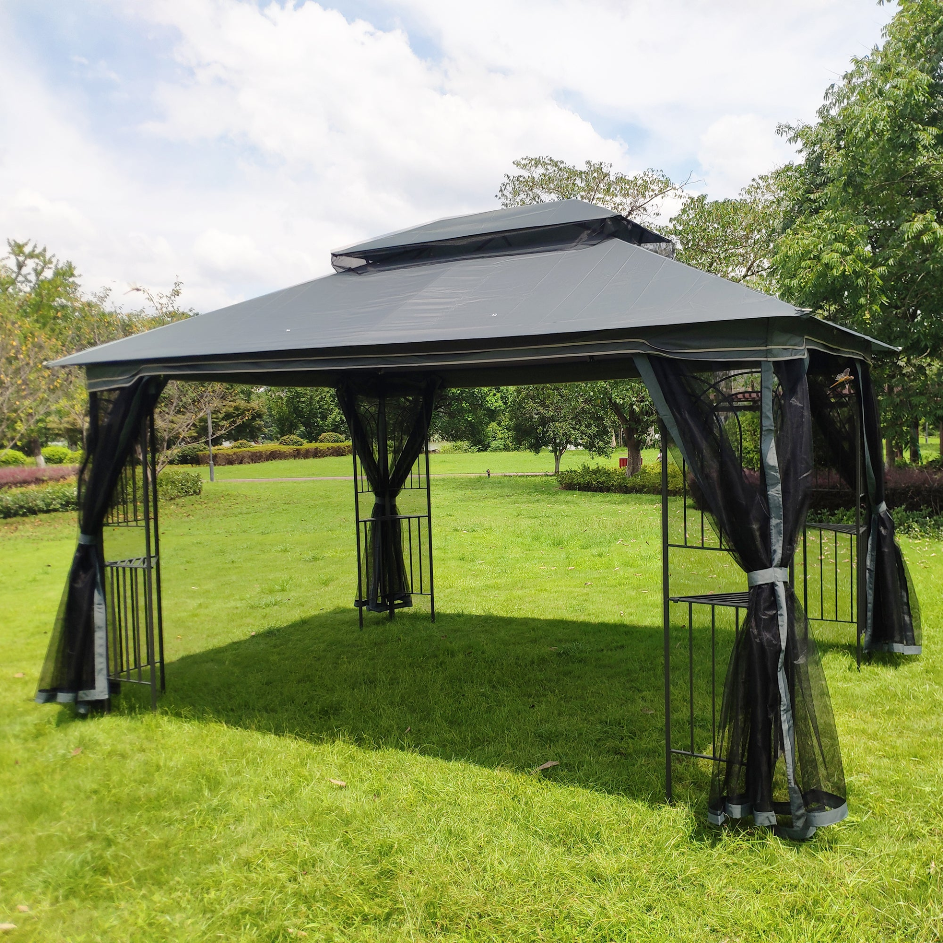 Gray metal outdoor gazebo canopy with roof and storage, ideal for patio and outdoor living spaces by Start2Finish.