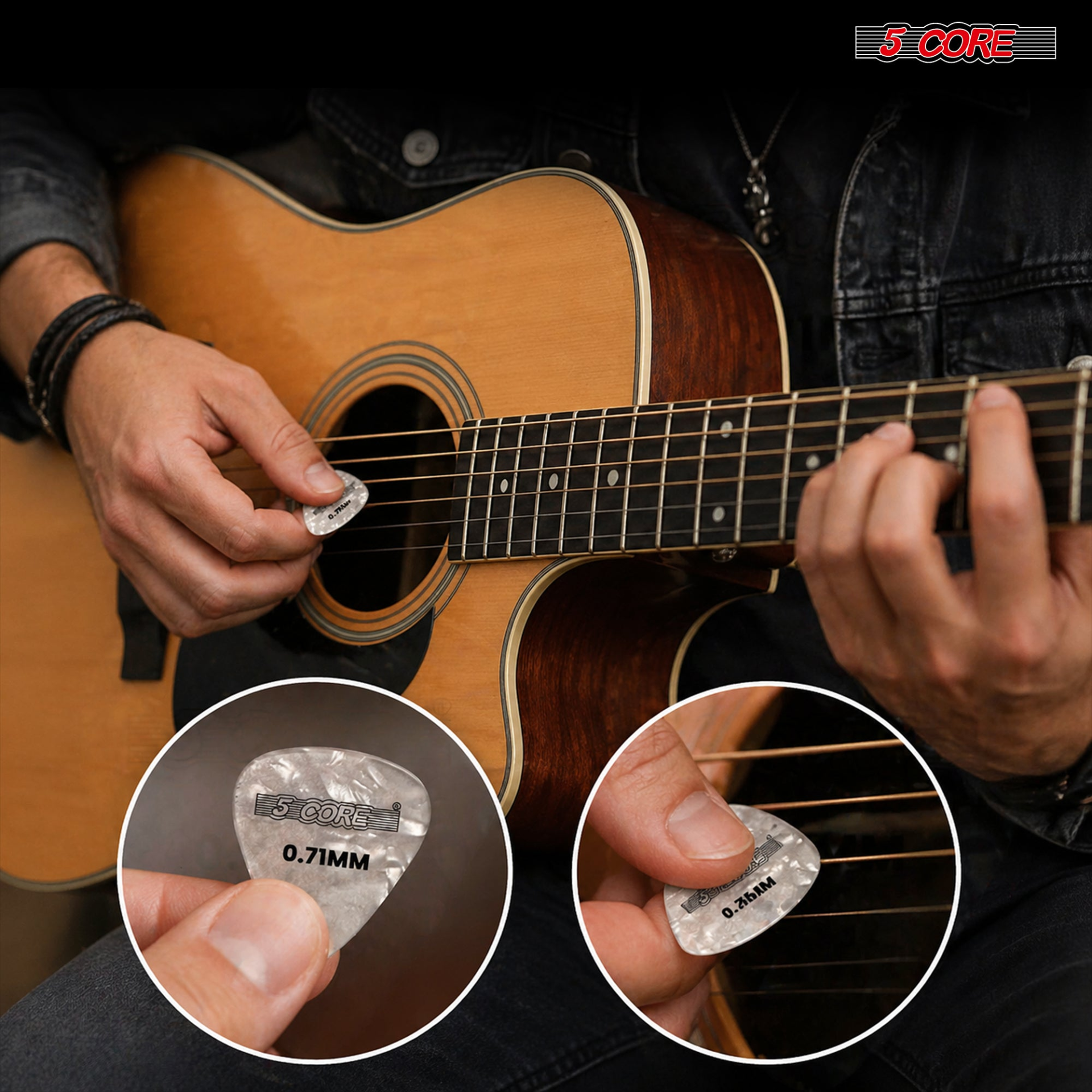 Set of 12 Start2Finish 5 Core guitar picks in various thicknesses, including light, medium, heavy, and extra heavy, for acoustic and electric guitars.