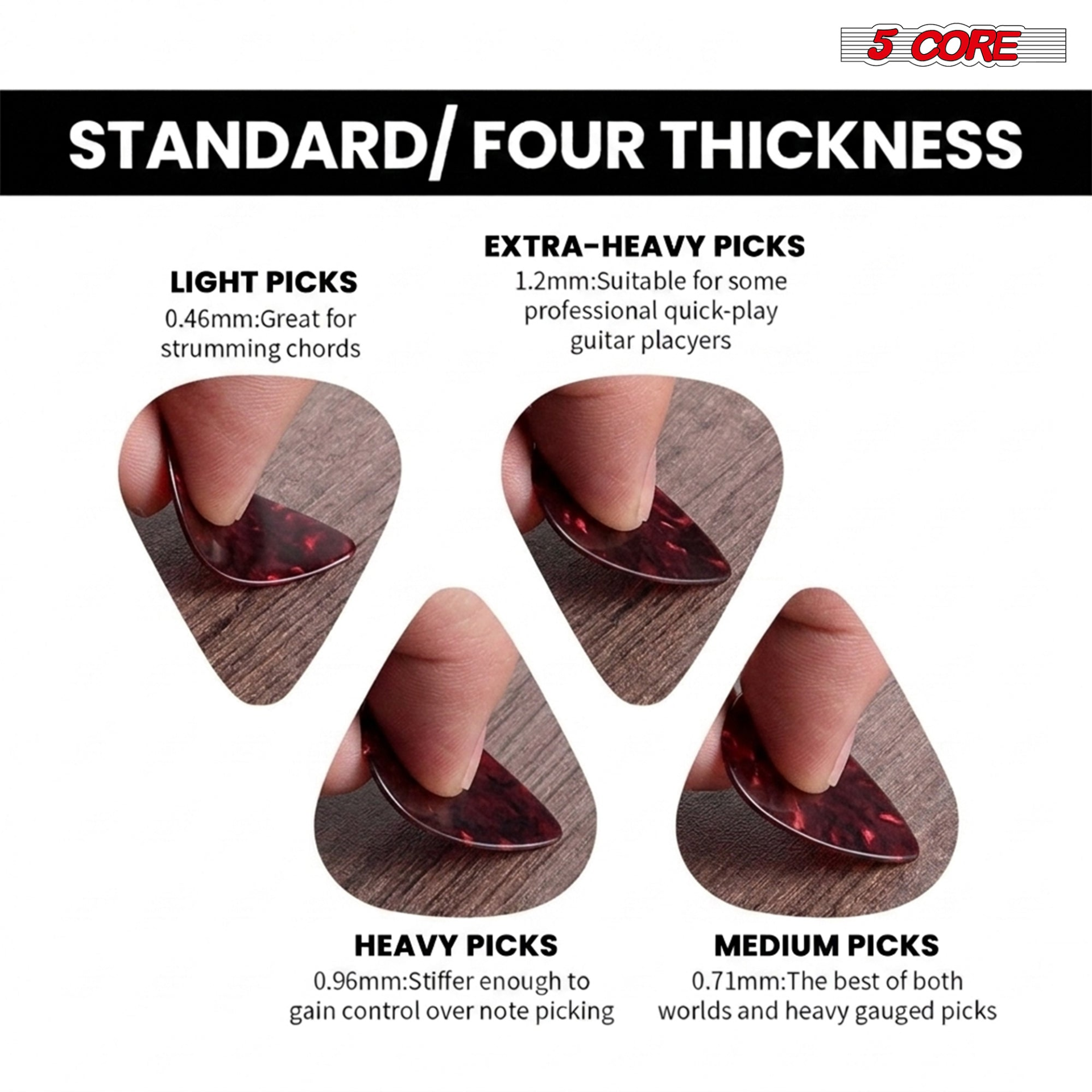 Set of 12 Start2Finish 5 Core guitar picks in various thicknesses, including light, medium, heavy, and extra heavy for acoustic and electric guitars.