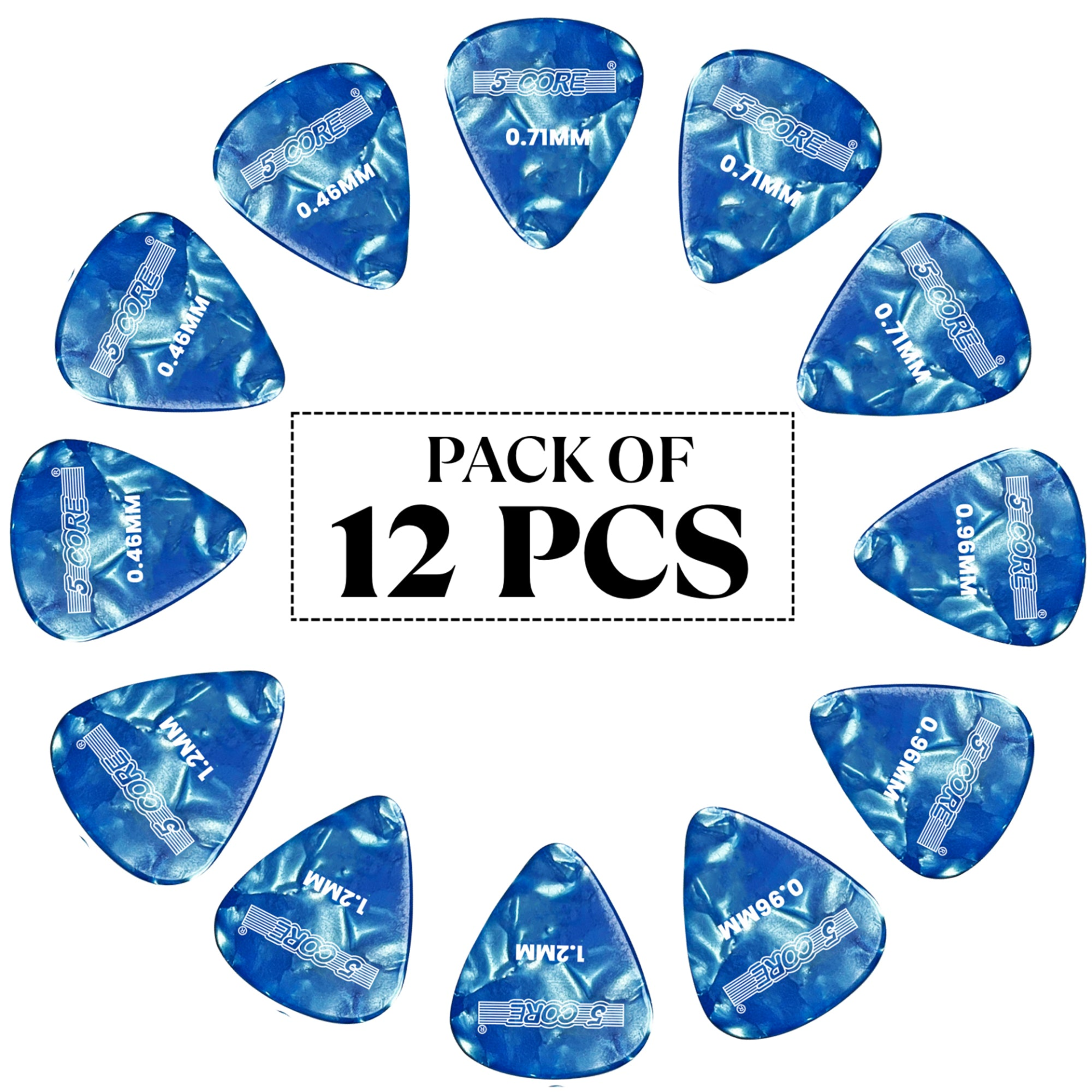 Set of 12 Start2Finish 5 core guitar picks in light, medium, heavy, and extra heavy celluloid for acoustic and electric guitars