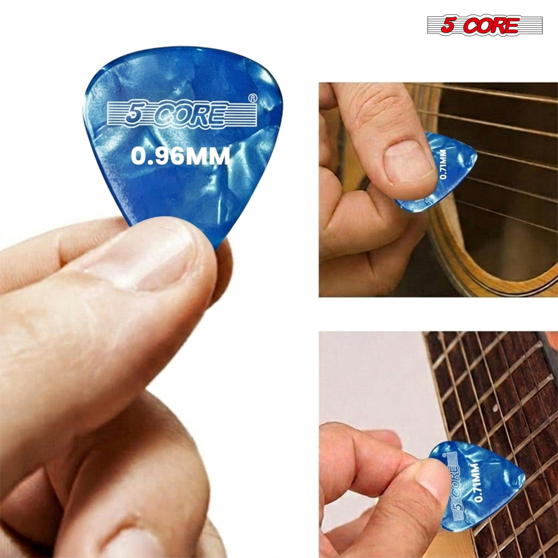 Set of 12 Start2Finish 5 Core guitar picks in various thicknesses including light, medium, heavy, and extra heavy for acoustic and electric guitars.