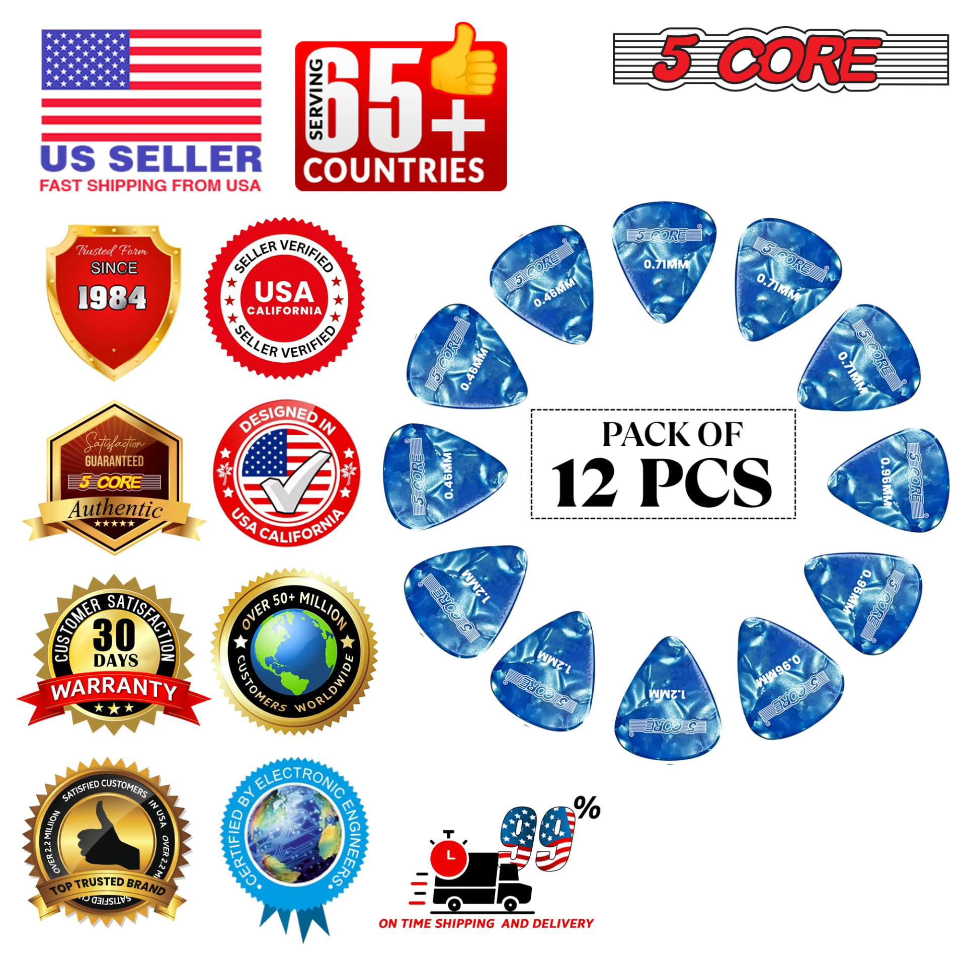 Set of 12 Start2Finish 5 core guitar picks in light, medium, heavy, and extra heavy celluloid for acoustic and electric guitars.