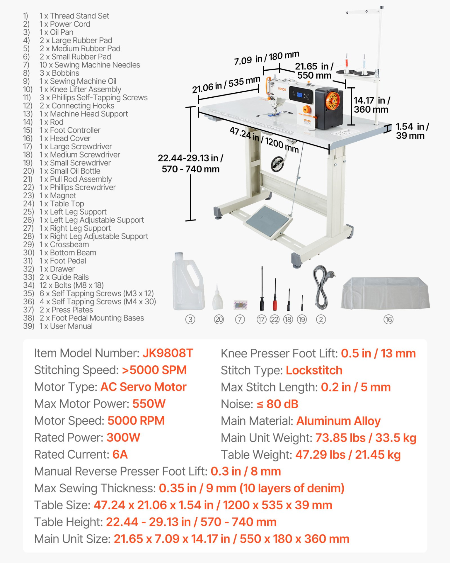 Start2Finish VEVOR industrial sewing machine with metal frame, LCD panel, LED light, servo motor, and table stand for heavy-duty sewing.
