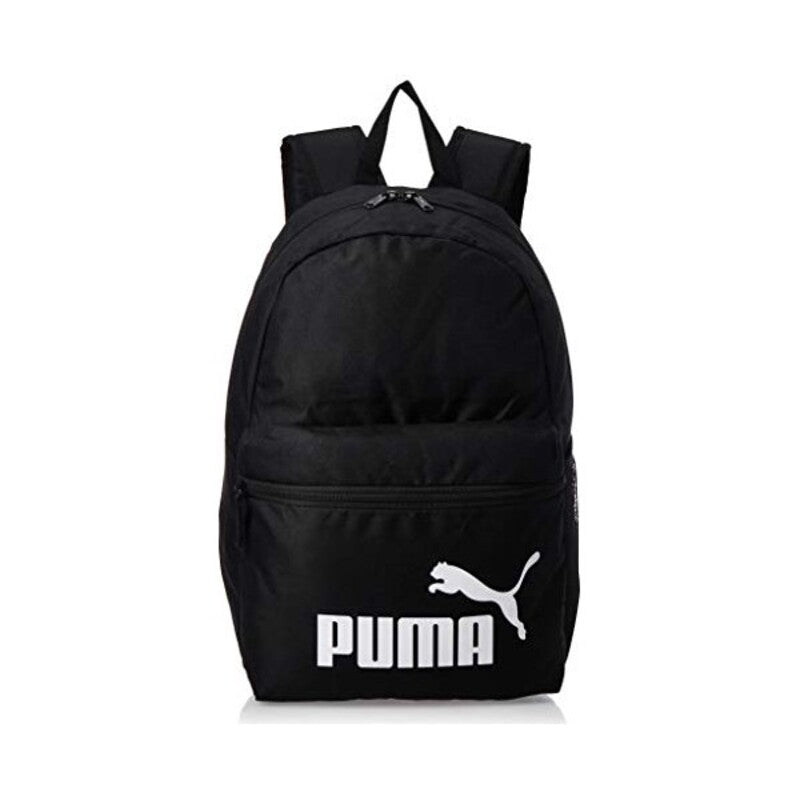 Black Puma PHASE gym bag with multiple compartments, durable handles, and sporty design for sports and outdoor activities.