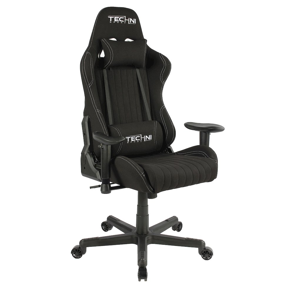 Black fabric ergonomic high back racer style PC gaming chair with adjustable armrests and lumbar support, by Start2Finish.