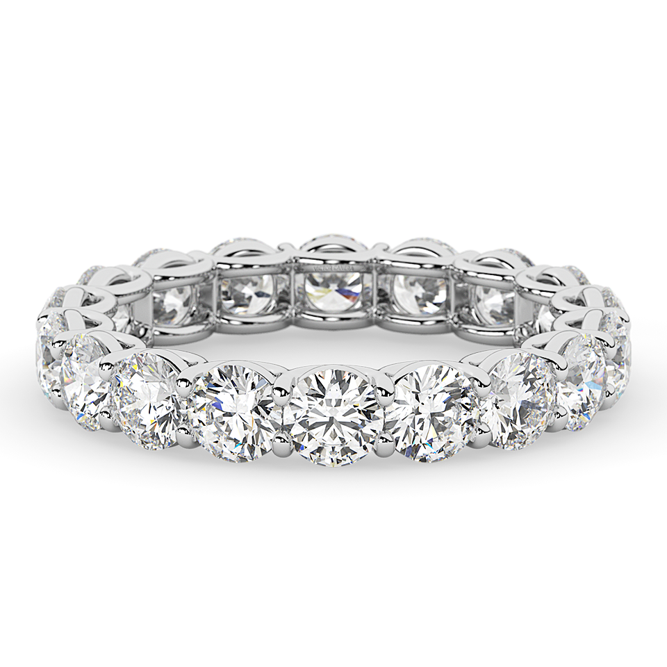 AGI Certified 2 CTW round lab-grown diamond eternity band in 14K white gold with F-VS clarity, featuring sparkling diamonds.